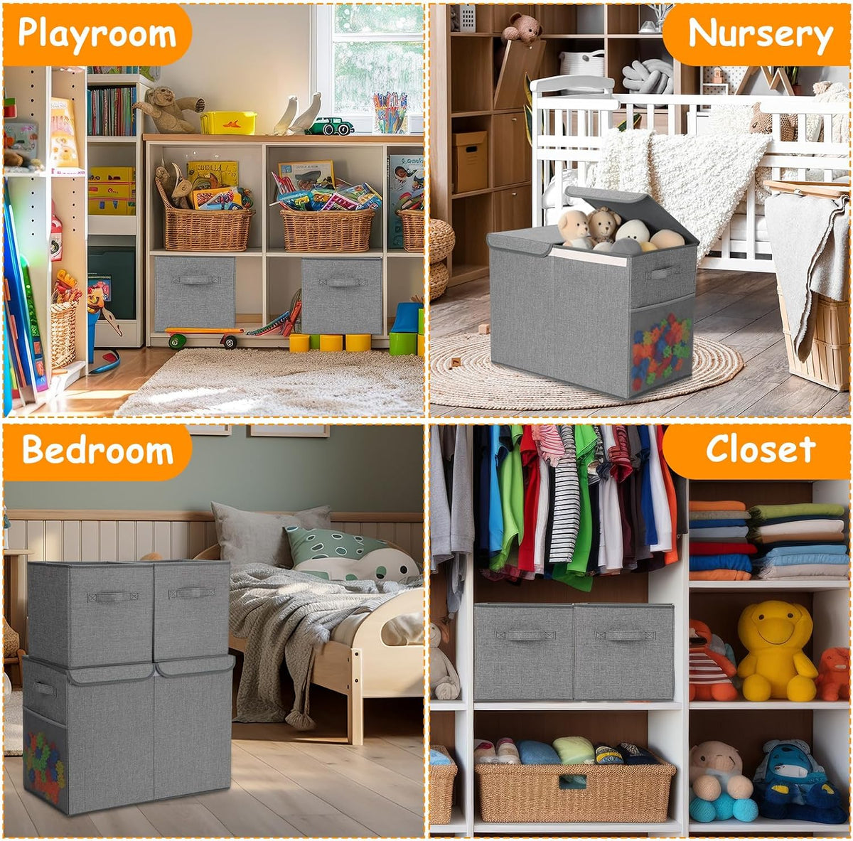 3 Pack Large Toy Box Storage Organizer Set, Grey White