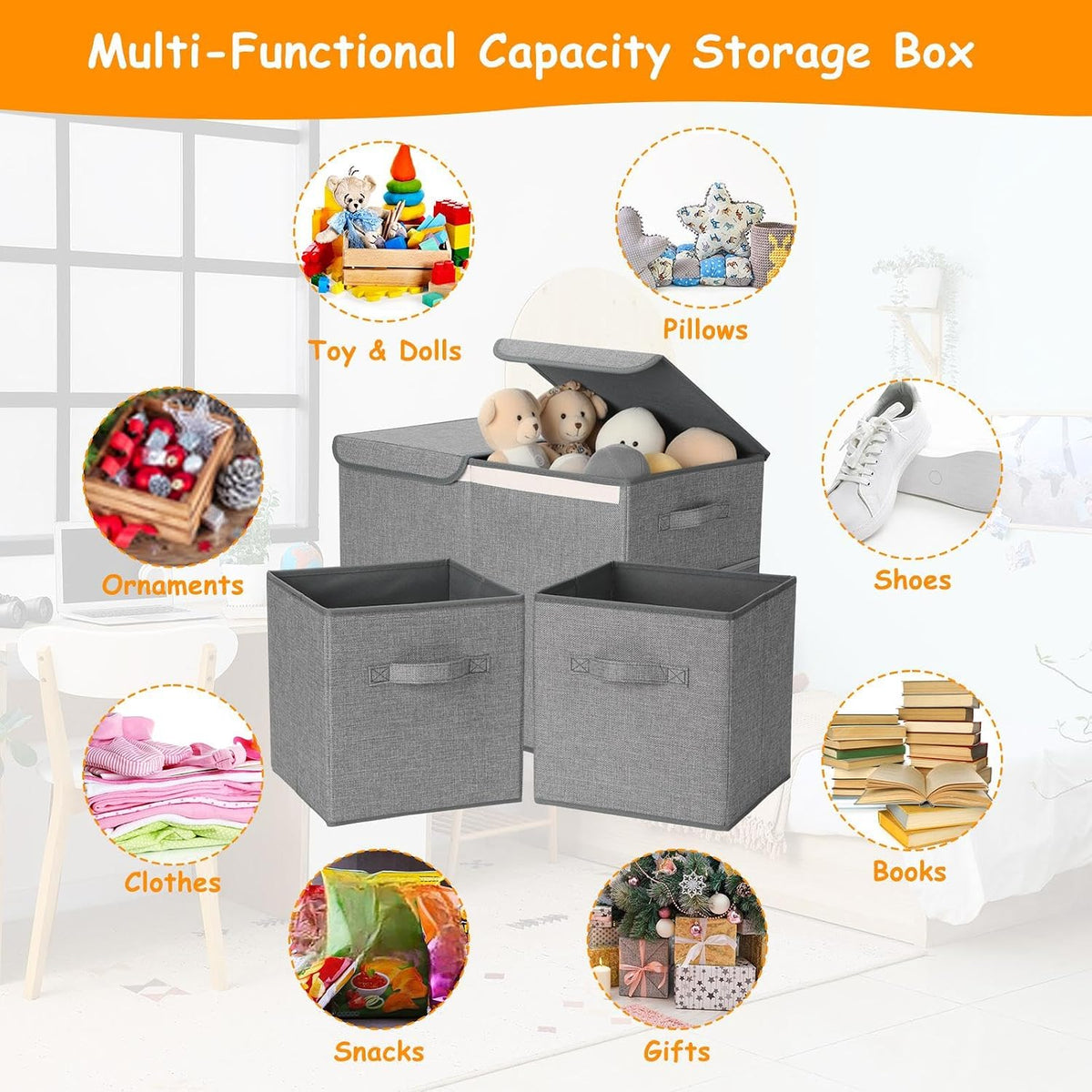 3 Pack Large Toy Box Storage Organizer Set, Grey White