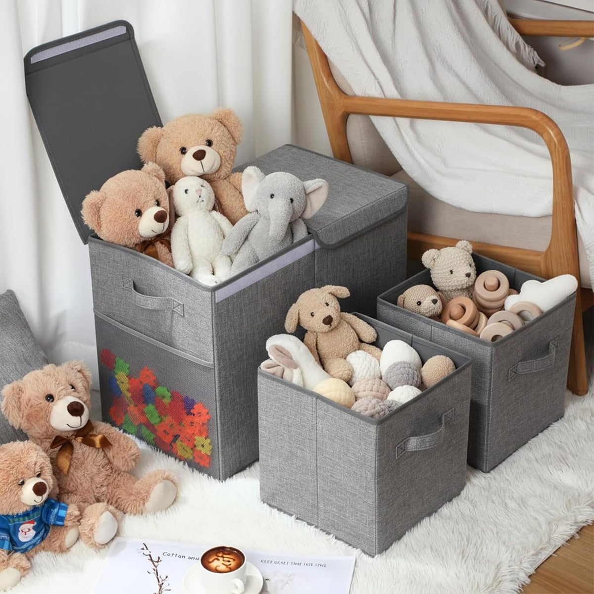 3 Pack Large Toy Box Storage Organizer Set, Grey White