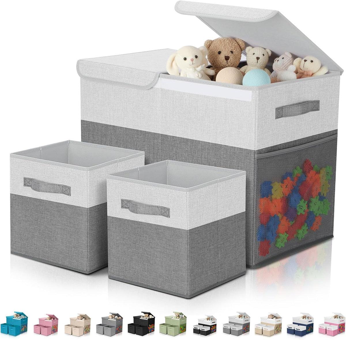 3 Pack Large Toy Box Storage Organizer Set, Grey White