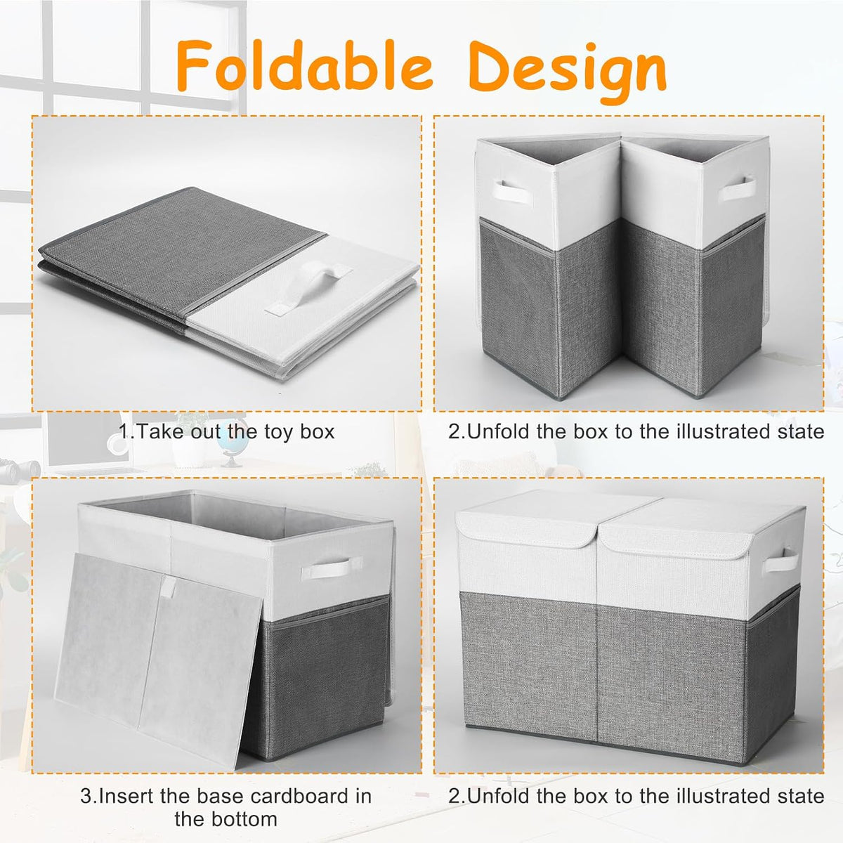 3 Pack Large Toy Box Storage Organizer Set, Grey White
