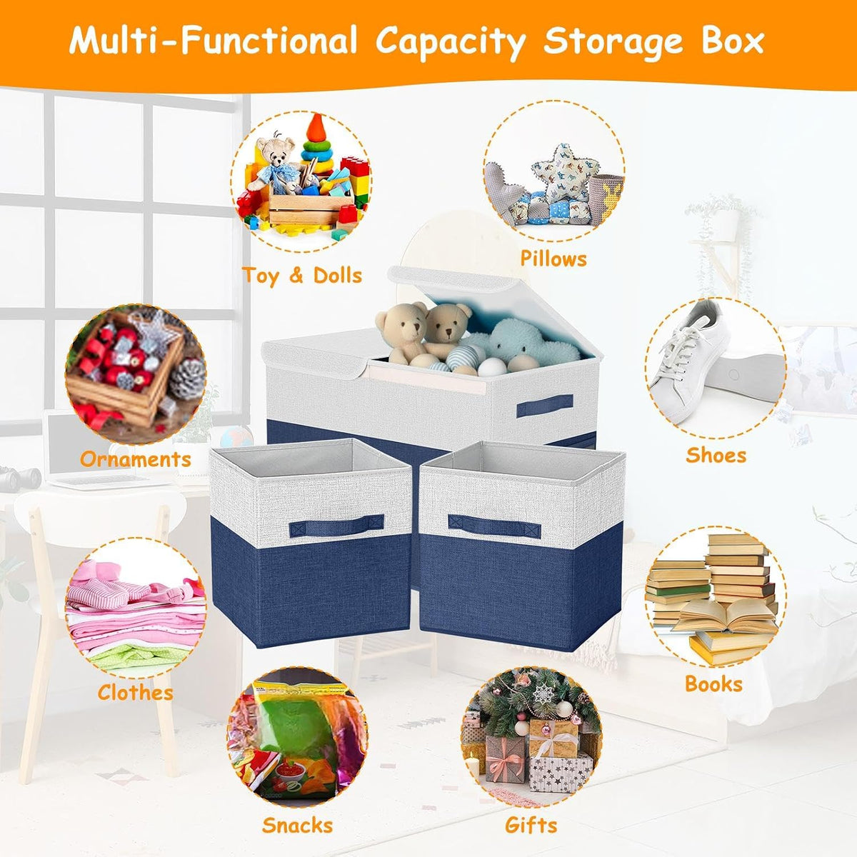 3 Pack Large Toy Box Storage Organizer Set, Grey White