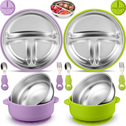 8 Pcs Stainless Steel Toddler Plates Bowls with Forks Spoons, Non Slip Kids Divided Plates with Suction Removable Silicone Sleeves Baby LED Weaning Tableware for Feeding Eating Dishwasher Safe
