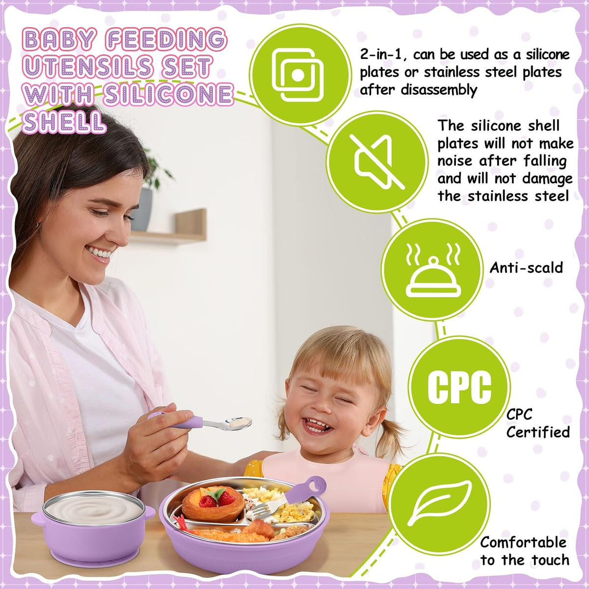8 Pcs Stainless Steel Toddler Plates Bowls with Forks Spoons, Non Slip Kids Divided Plates with Suction Removable Silicone Sleeves Baby LED Weaning Tableware for Feeding Eating Dishwasher Safe