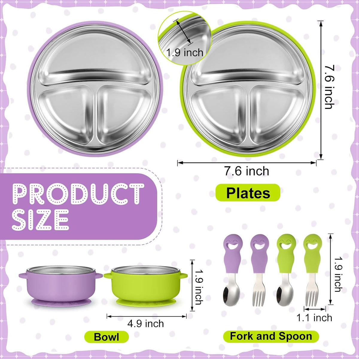 8 Pcs Stainless Steel Toddler Plates Bowls with Forks Spoons, Non Slip Kids Divided Plates with Suction Removable Silicone Sleeves Baby LED Weaning Tableware for Feeding Eating Dishwasher Safe