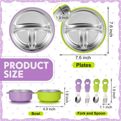 8 Pcs Stainless Steel Toddler Plates Bowls with Forks Spoons, Non Slip Kids Divided Plates with Suction Removable Silicone Sleeves Baby LED Weaning Tableware for Feeding Eating Dishwasher Safe