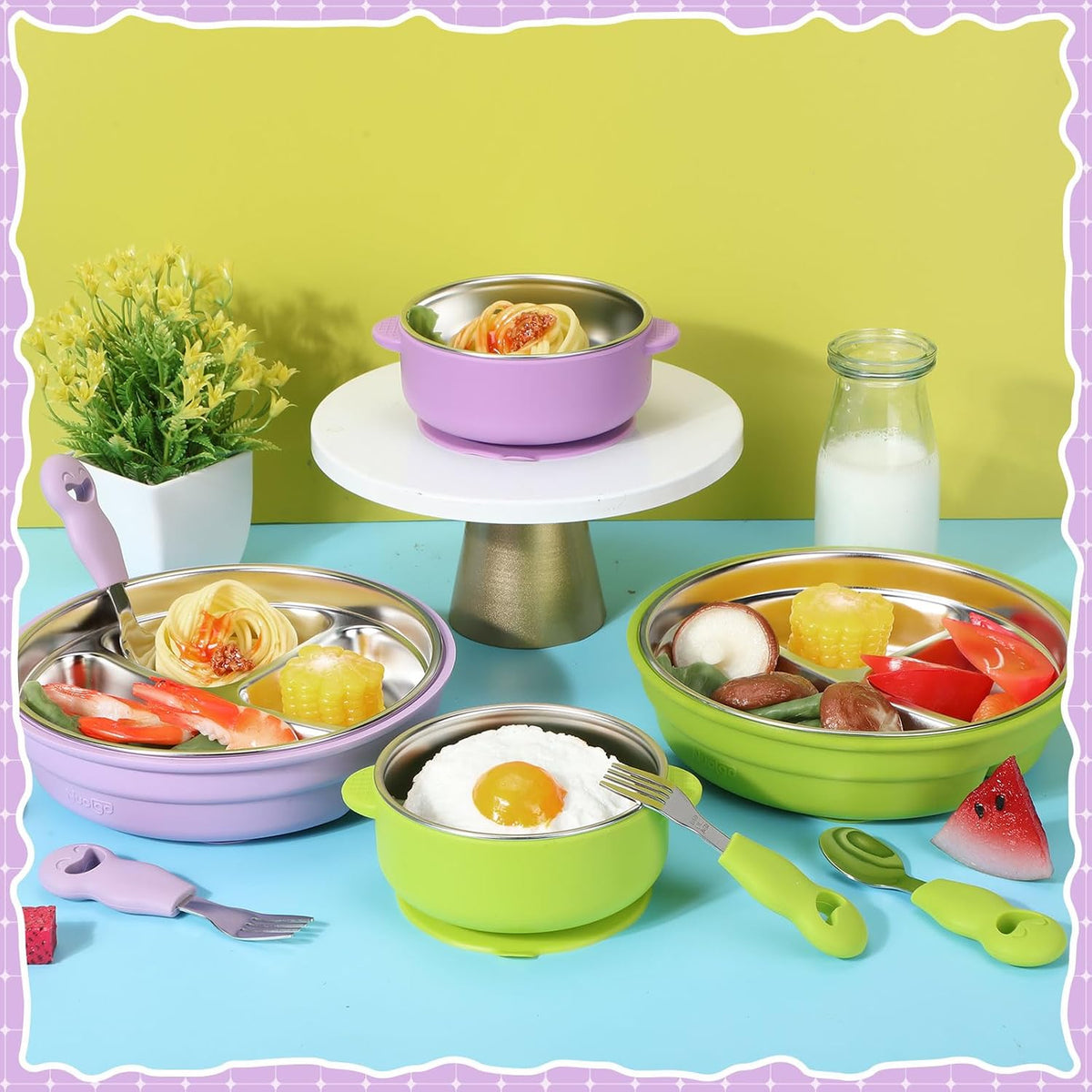 8 Pcs Stainless Steel Toddler Plates Bowls with Forks Spoons, Non Slip Kids Divided Plates with Suction Removable Silicone Sleeves Baby LED Weaning Tableware for Feeding Eating Dishwasher Safe