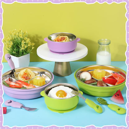 8 Pcs Stainless Steel Toddler Plates Bowls with Forks Spoons, Non Slip Kids Divided Plates with Suction Removable Silicone Sleeves Baby LED Weaning Tableware for Feeding Eating Dishwasher Safe