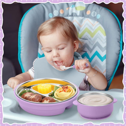 8 Pcs Stainless Steel Toddler Plates Bowls with Forks Spoons, Non Slip Kids Divided Plates with Suction Removable Silicone Sleeves Baby LED Weaning Tableware for Feeding Eating Dishwasher Safe