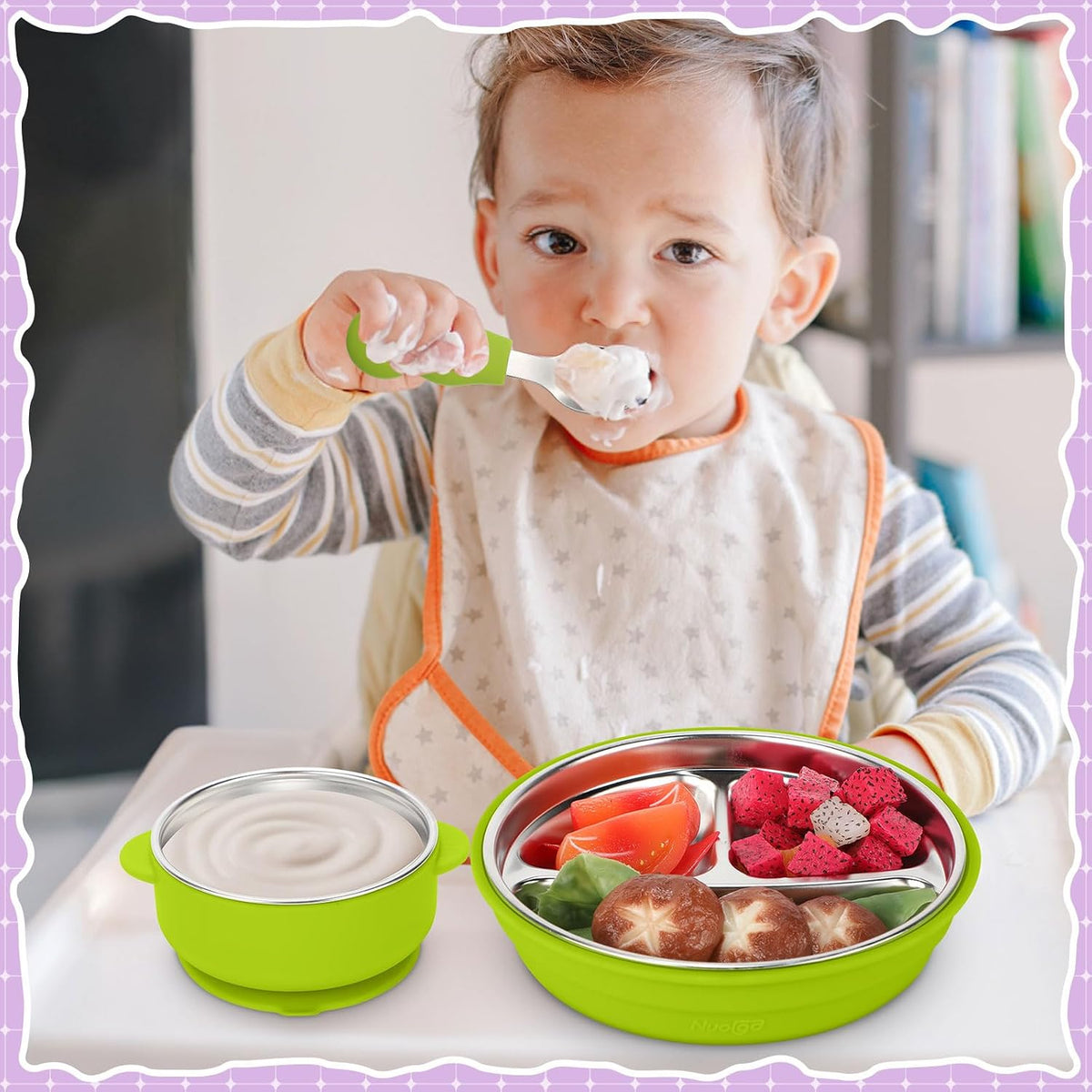 8 Pcs Stainless Steel Toddler Plates Bowls with Forks Spoons, Non Slip Kids Divided Plates with Suction Removable Silicone Sleeves Baby LED Weaning Tableware for Feeding Eating Dishwasher Safe