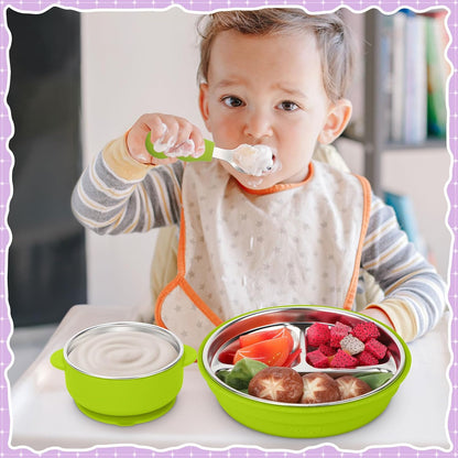 8 Pcs Stainless Steel Toddler Plates Bowls with Forks Spoons, Non Slip Kids Divided Plates with Suction Removable Silicone Sleeves Baby LED Weaning Tableware for Feeding Eating Dishwasher Safe