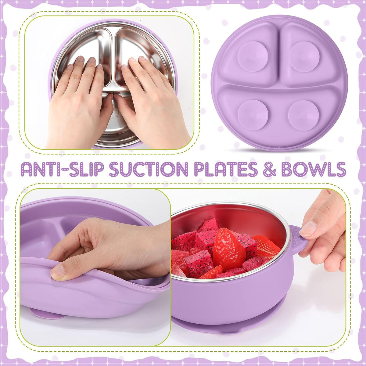 8 Pcs Stainless Steel Toddler Plates Bowls with Forks Spoons, Non Slip Kids Divided Plates with Suction Removable Silicone Sleeves Baby LED Weaning Tableware for Feeding Eating Dishwasher Safe