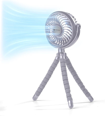 Portable Stroller Fan – Rechargeable Battery Operated Clip-On Fan with 360° Flexible Tripod & LED Light – 3-Speed Cooling for Car Seats, Cribs, Treadmills & Travel – Silver