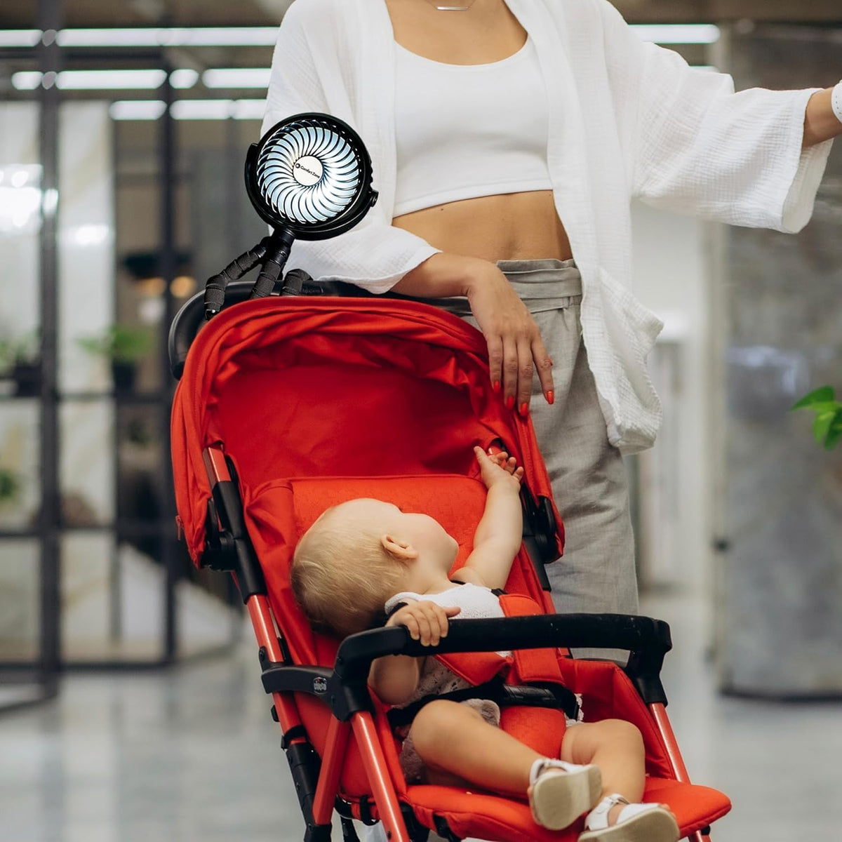 Portable Stroller Fan – Rechargeable Battery Operated Clip-On Fan with 360° Flexible Tripod & LED Light – 3-Speed Cooling for Car Seats, Cribs, Treadmills & Travel – Silver