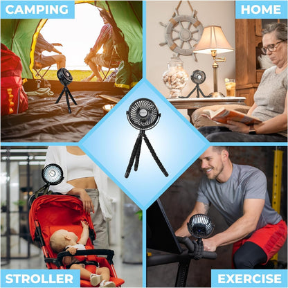 Portable Stroller Fan – Rechargeable Battery Operated Clip-On Fan with 360° Flexible Tripod & LED Light – 3-Speed Cooling for Car Seats, Cribs, Treadmills & Travel – Silver