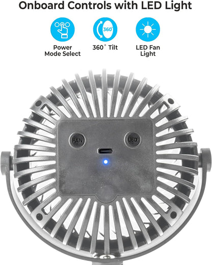 Portable Stroller Fan – Rechargeable Battery Operated Clip-On Fan with 360° Flexible Tripod & LED Light – 3-Speed Cooling for Car Seats, Cribs, Treadmills & Travel – Silver