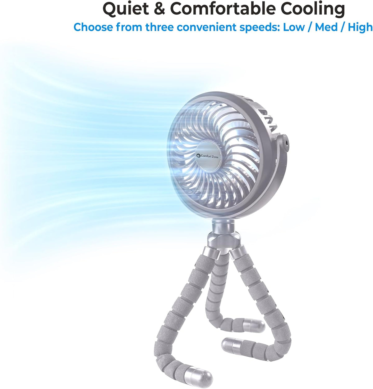 Portable Stroller Fan – Rechargeable Battery Operated Clip-On Fan with 360° Flexible Tripod & LED Light – 3-Speed Cooling for Car Seats, Cribs, Treadmills & Travel – Silver