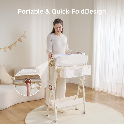 Changing Table，Portable Diaper Changing Station, Foldable Baby Changing Table,Compact Nursery Diaper Changing Table for Baby，Adjustable Height，Mobile on Wheels (Grey)