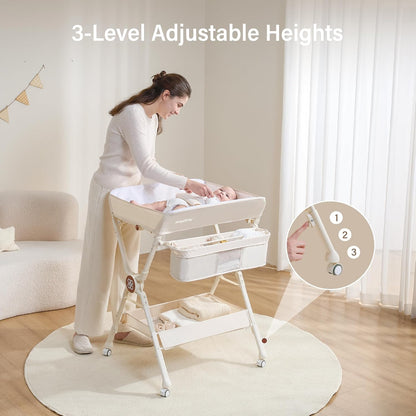 Changing Table，Portable Diaper Changing Station, Foldable Baby Changing Table,Compact Nursery Diaper Changing Table for Baby，Adjustable Height，Mobile on Wheels (Grey)