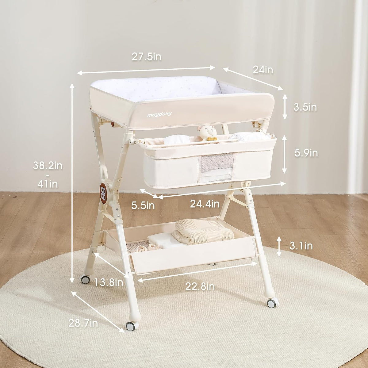 Changing Table，Portable Diaper Changing Station, Foldable Baby Changing Table,Compact Nursery Diaper Changing Table for Baby，Adjustable Height，Mobile on Wheels (Grey)