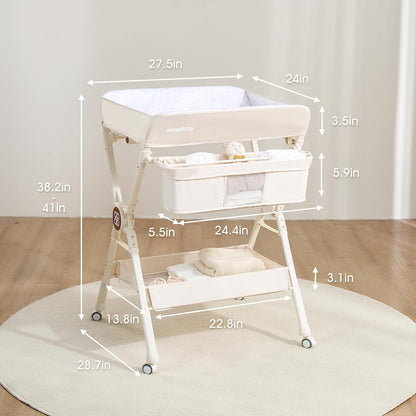 Changing Table，Portable Diaper Changing Station, Foldable Baby Changing Table,Compact Nursery Diaper Changing Table for Baby，Adjustable Height，Mobile on Wheels (Grey)