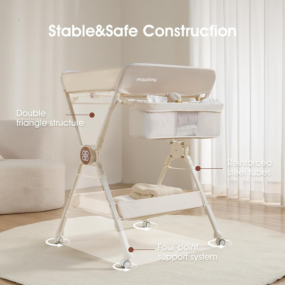 Changing Table，Portable Diaper Changing Station, Foldable Baby Changing Table,Compact Nursery Diaper Changing Table for Baby，Adjustable Height，Mobile on Wheels (Grey)
