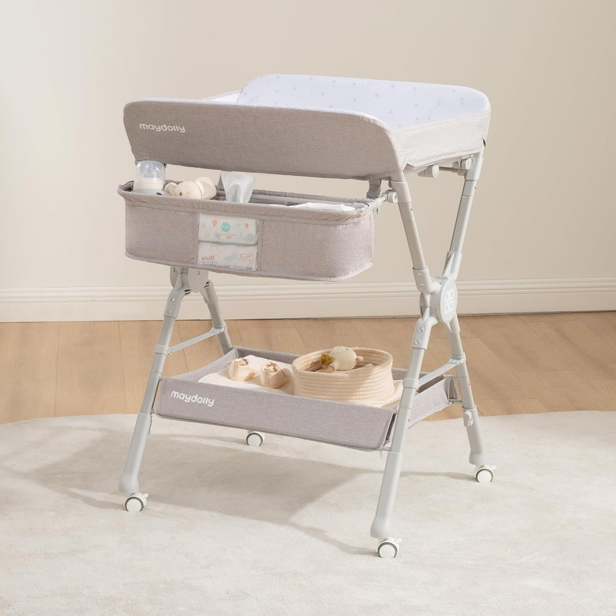 Changing Table，Portable Diaper Changing Station, Foldable Baby Changing Table,Compact Nursery Diaper Changing Table for Baby，Adjustable Height，Mobile on Wheels (Grey)