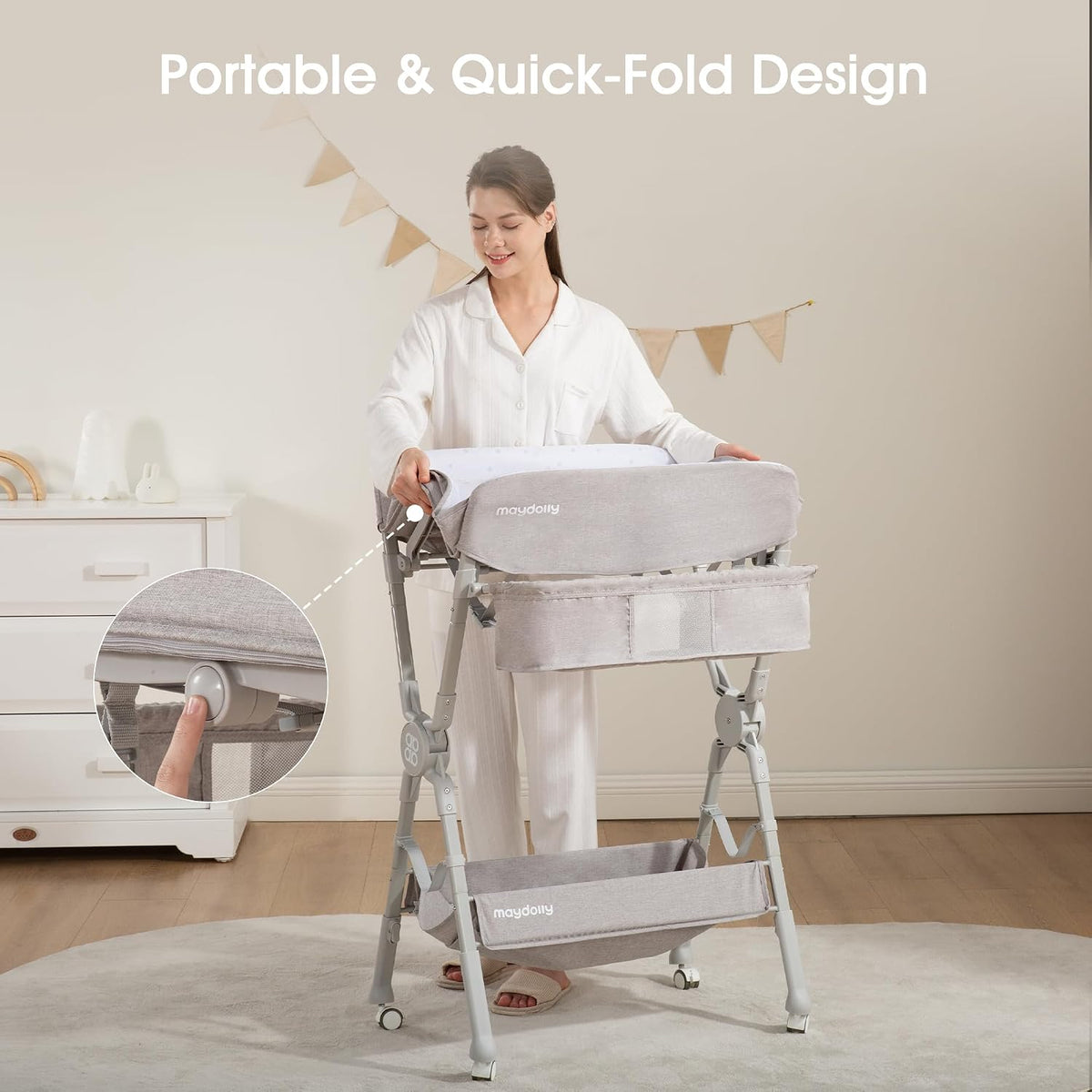 Changing Table，Portable Diaper Changing Station, Foldable Baby Changing Table,Compact Nursery Diaper Changing Table for Baby，Adjustable Height，Mobile on Wheels (Grey)