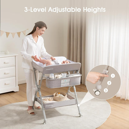 Changing Table，Portable Diaper Changing Station, Foldable Baby Changing Table,Compact Nursery Diaper Changing Table for Baby，Adjustable Height，Mobile on Wheels (Grey)