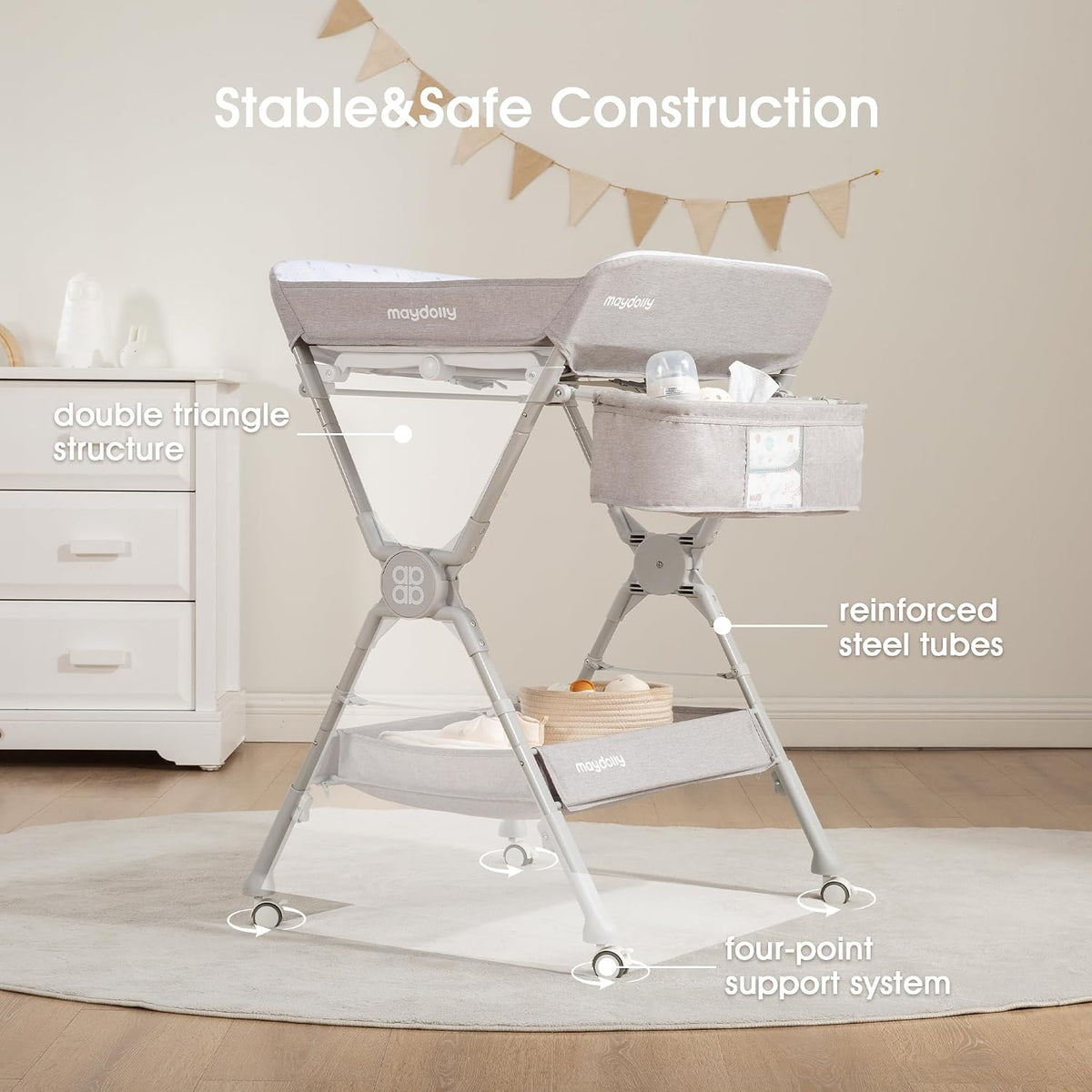 Changing Table，Portable Diaper Changing Station, Foldable Baby Changing Table,Compact Nursery Diaper Changing Table for Baby，Adjustable Height，Mobile on Wheels (Grey)