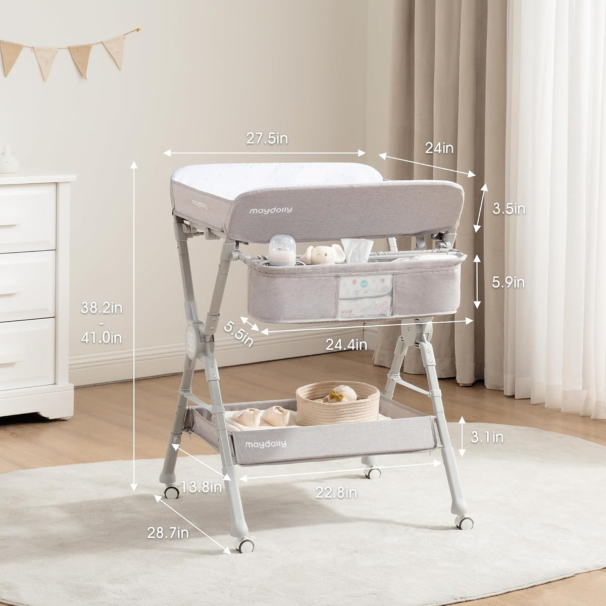 Changing Table，Portable Diaper Changing Station, Foldable Baby Changing Table,Compact Nursery Diaper Changing Table for Baby，Adjustable Height，Mobile on Wheels (Grey)