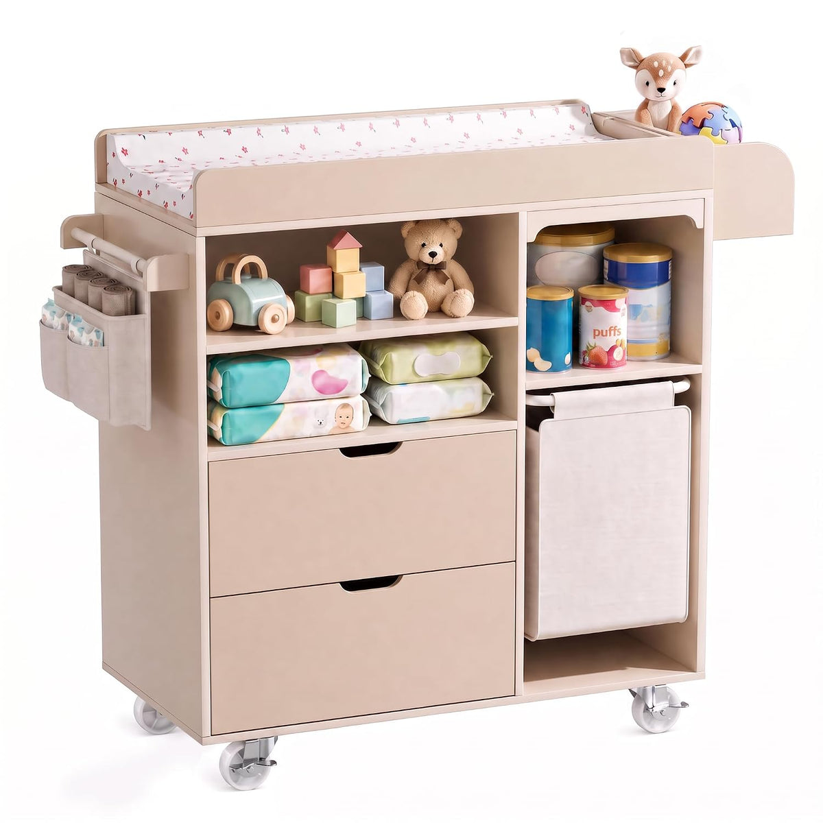 Baby Changing Table Dresser with Waterproof Pad, Drawers & Hamper, Beige