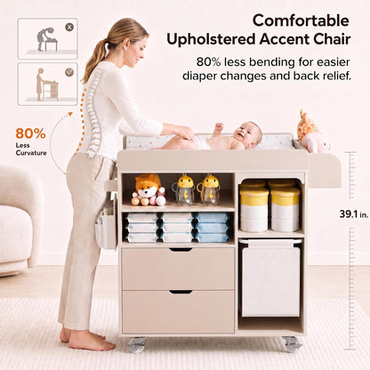Baby Changing Table Dresser with Waterproof Pad, Drawers & Hamper, Beige