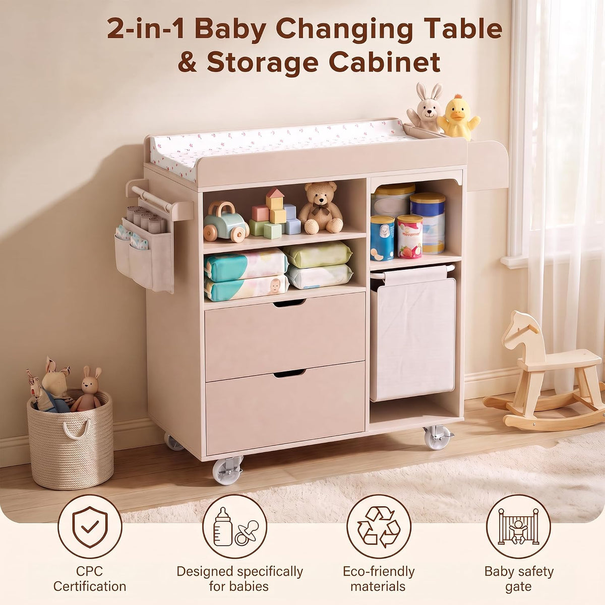 Baby Changing Table Dresser with Waterproof Pad, Drawers & Hamper, Beige