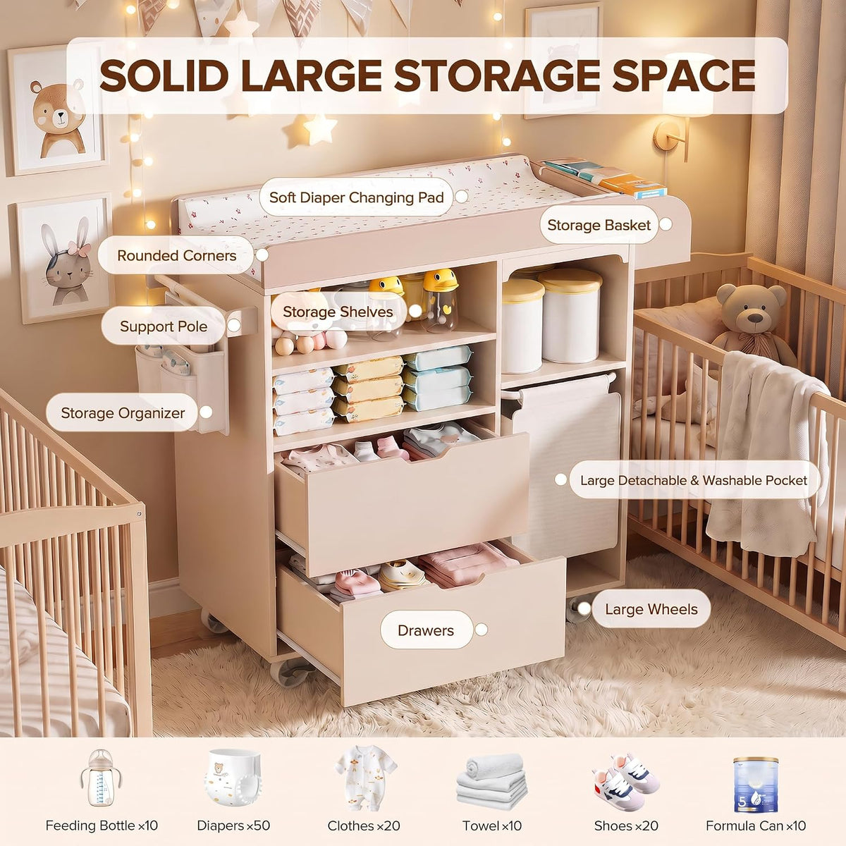 Baby Changing Table Dresser with Waterproof Pad, Drawers & Hamper, Beige