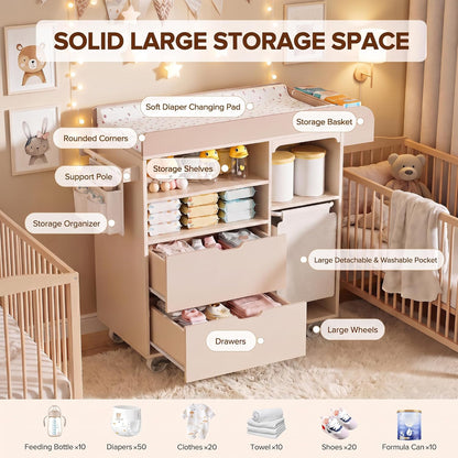 Baby Changing Table Dresser with Waterproof Pad, Drawers & Hamper, Beige