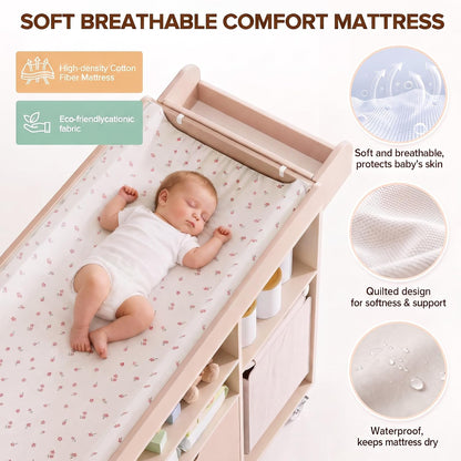 Baby Changing Table Dresser with Waterproof Pad, Drawers & Hamper, Beige