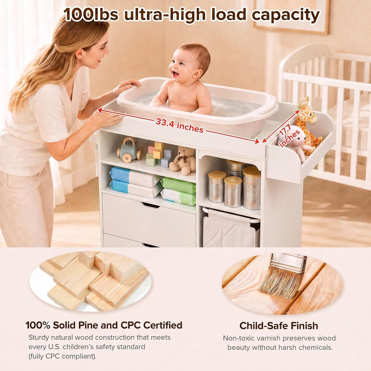 Baby Changing Table Dresser with Waterproof Pad, Drawers & Hamper, Beige