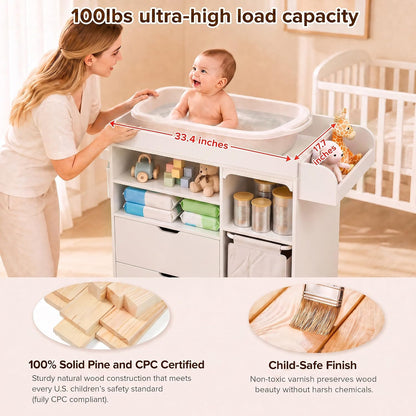 Baby Changing Table Dresser with Waterproof Pad, Drawers & Hamper, Beige