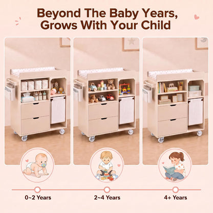Baby Changing Table Dresser with Waterproof Pad, Drawers & Hamper, Beige