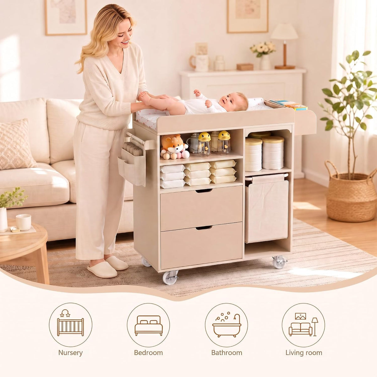Baby Changing Table Dresser with Waterproof Pad, Drawers & Hamper, Beige