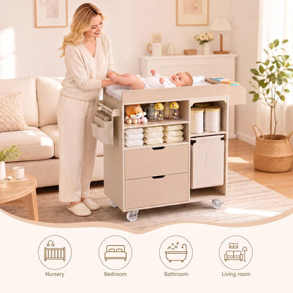 Baby Changing Table Dresser with Waterproof Pad, Drawers & Hamper, Beige