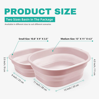 2 Pack Collapsible Wash Basin Set, Foldable Dish Tub, Small Medium Portable Sink for Kitchen, Camping, RV, Baby Bottles, Laundry, Plastic Washbasin -Pink