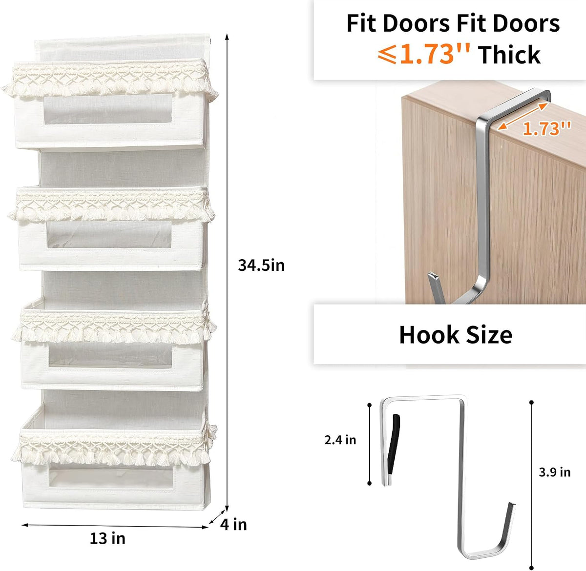 5 Tier Over Door Organizer Nursery with Tassels and Clear Window