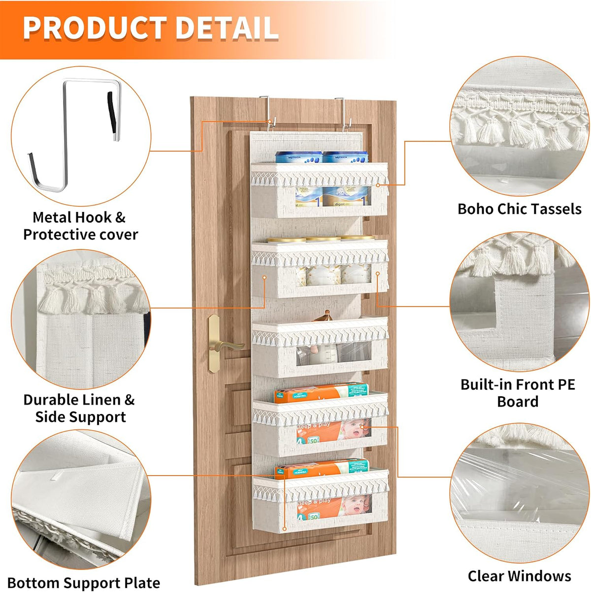 5 Tier Over Door Organizer Nursery with Tassels and Clear Window