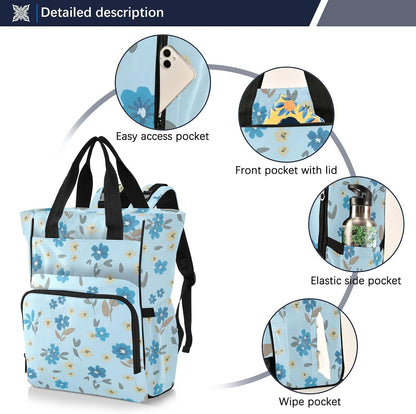 Diaper Bag Backpack, Multifunction Travel Bag for Moms Dads, Baby Changing Bag with Insulted Pockets, Stroller Straps and Side Bottle Pockets Blue Floral Pattern
