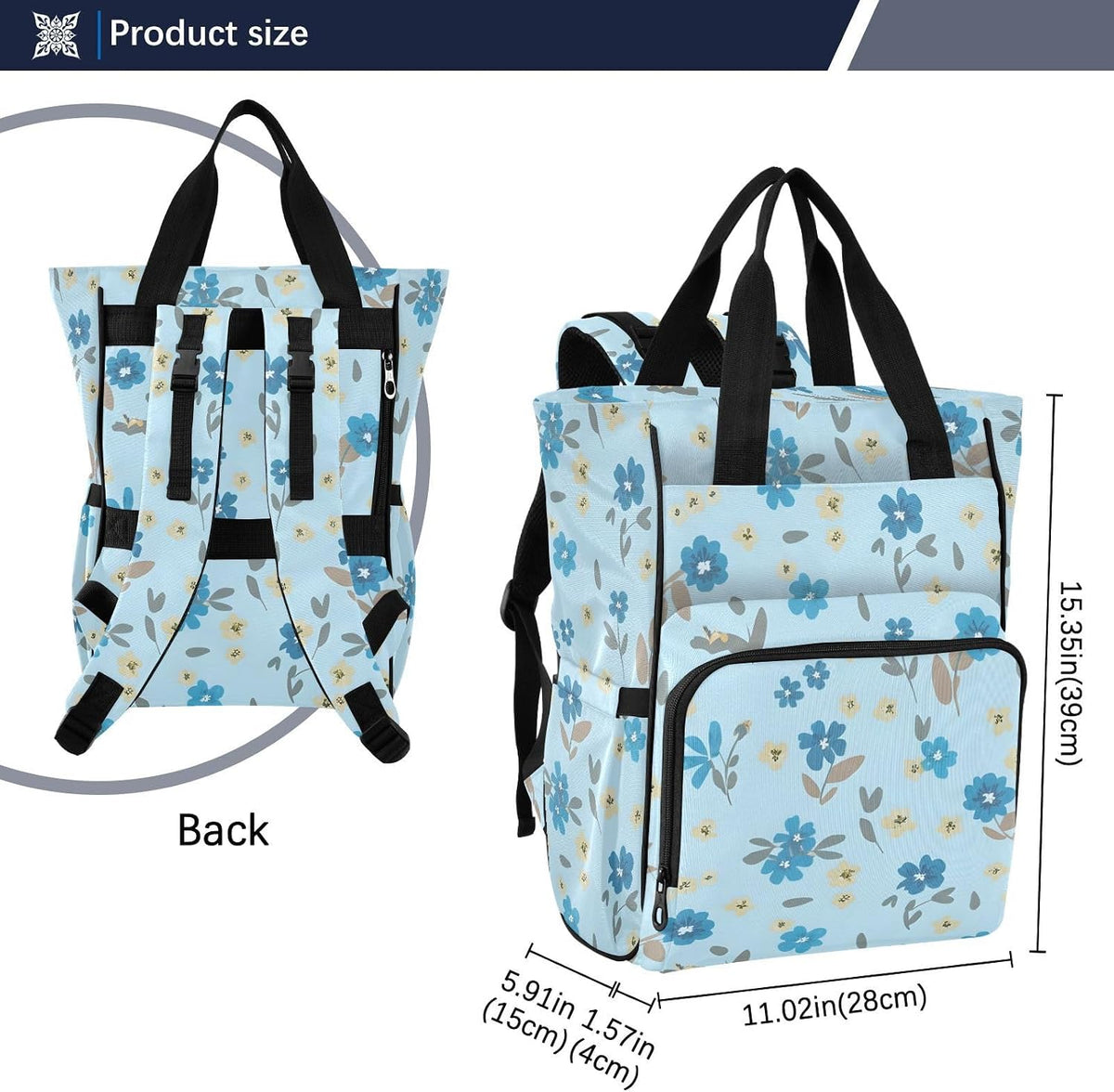 Diaper Bag Backpack, Multifunction Travel Bag for Moms Dads, Baby Changing Bag with Insulted Pockets, Stroller Straps and Side Bottle Pockets Blue Floral Pattern