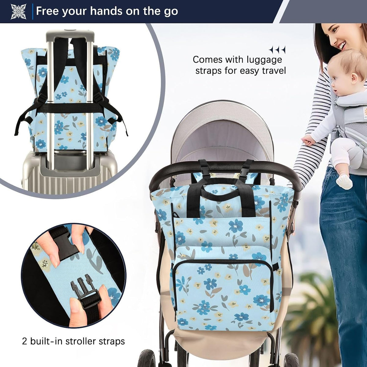 Diaper Bag Backpack, Multifunction Travel Bag for Moms Dads, Baby Changing Bag with Insulted Pockets, Stroller Straps and Side Bottle Pockets Blue Floral Pattern