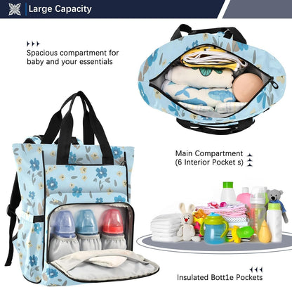 Diaper Bag Backpack, Multifunction Travel Bag for Moms Dads, Baby Changing Bag with Insulted Pockets, Stroller Straps and Side Bottle Pockets Blue Floral Pattern