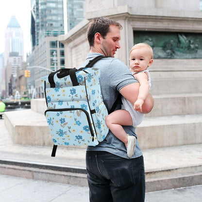 Diaper Bag Backpack, Multifunction Travel Bag for Moms Dads, Baby Changing Bag with Insulted Pockets, Stroller Straps and Side Bottle Pockets Blue Floral Pattern
